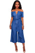 Sexy Blue Denim Off Shoulder Wide Leg Jumpsuit